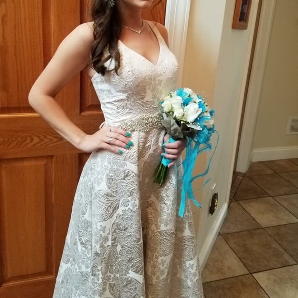 White with gold flowers prom dress